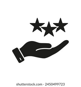 Best Feedback Silhouette Icon. Human Hand Holds Stars Glyph Pictogram, Client Experience Concept. Positive Review Solid Sign. Good Quality Service Symbol. Isolated Vector Illustration.