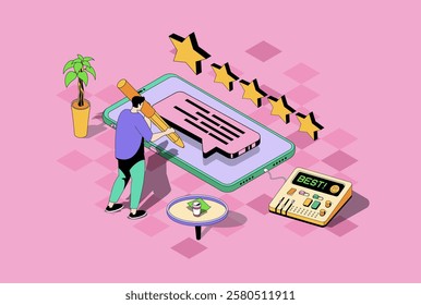 Best feedback web concept in 3d isometric graphic design. Isometry people scene with man customer leaving reviews and comments, evaluating service, give rating with five stars. Vector illustration.