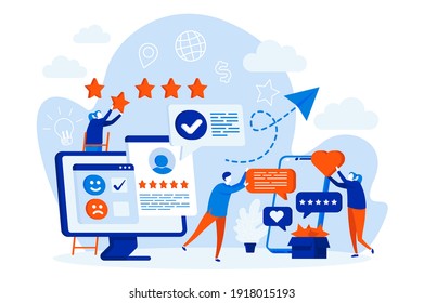 Best feedback web design concept with people characters. Online customers opinion scene. Social media marketing composition in flat style. Vector illustration for social media promotional materials.