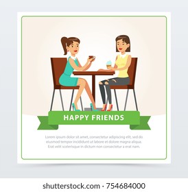 Best female friends drinking coffee in cafe, happy friends banner flat vector element for website or mobile app with sample text