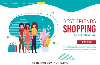 Best Female Friends Shopping Design Landing Page. Cartoon Smiling Fashion Girl Characters Enjoying Make some Purchases. Girlish Relaxation. Sale Consumerism Payment by Card. Flat Vector Illustration