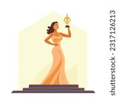  Best film actress winner holding a golden statuette award on a stage, isolated vector illustration