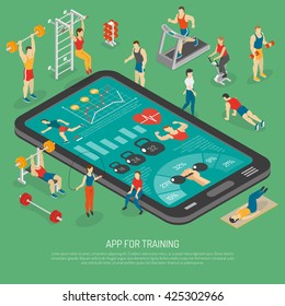 Best fitness training with smart phone accessories apps to stay in shape isometric poster abstract vector illustration