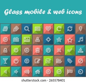 Best flat vector colored square buttons with icons with long shadow for mobile or web