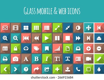 Best flat vector colored square buttons with icons with long shadow for mobile or web