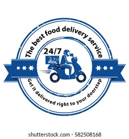 The best food delivery service. Get it delivered right to your doorstep - grunge food delivery icon with scooter shape. Print colors used