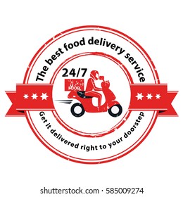 The best food delivery service. Get it delivered right to your doorstep - grunge food delivery icon with scooter shape. Print colors used