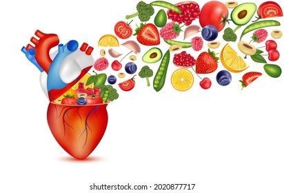 Best Food For Healthy Heart. Essential Nutrients For Heart Health Main Human. Strong Heart Character. Diet Fruits And Vegetables. Medical And Health Concepts. Isolated On White Background 3D Vector.