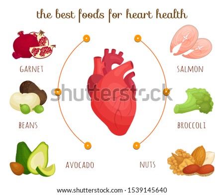The best food for heart health. Vector infographics on the theme of proper nutrition and healthy lifestyle. Diet for proper heart function. Cartoon style illustration. Banner Landing.