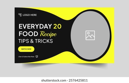 Best food recipe tips and techniques video thumbnail banner design, delicious food review tricks video thumbnail banner design, customizable vector eps 10 file format