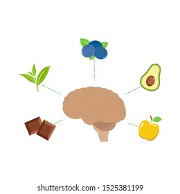 Best food for strong brain. Strong healthy brain character.  Isolated on white background. Health food, diet, products, nutrition, nutriment concept.