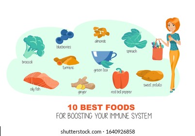 Best Foods For Boosting Your Immune System. Girl Holding Bag Of Fresh Vegetables. Vector Infographic. 