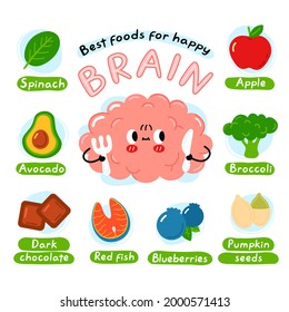 Mejores alimentos para el afiche de infografía cerebral feliz. Carácter de órgano cerebral lindo. Icono de ilustración de personaje kawaii con dibujos animados. Aislado sobre fondo blanco. Nutrición, dieta saludable para el concepto de mente