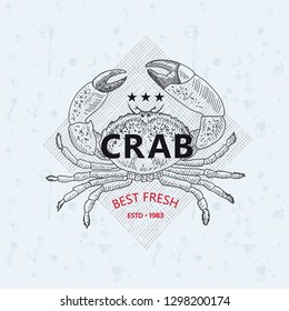 Best fresh Crab. Vector illustration sign, symbol, emblem or logo template. Vintage design with hand drawn sketch. Line art style.
