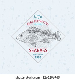 Best fresh fish seabass. Vector illustration emblem or logo template.