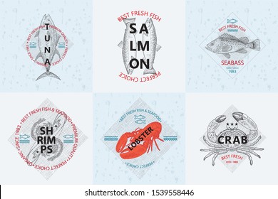 Best fresh fish and seafood. Vector illustration emblem or logo template. Vintage design with hand drawn sketch. Line art style.