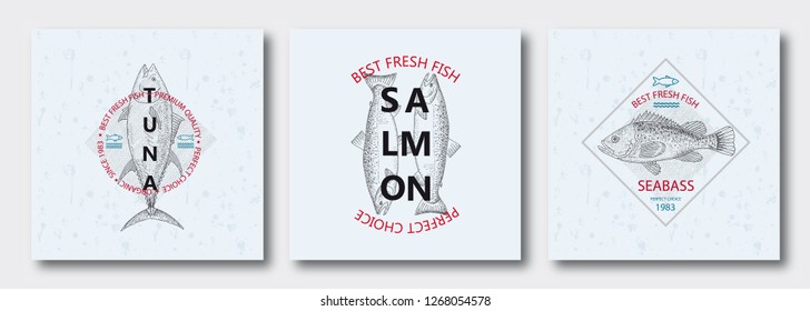 Best fresh fish Tuna, Salmon, Seabass. Vector illustration emblem or logo template. Vintage design with hand drawn sketch. Line art style.