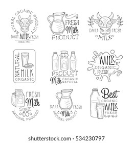 Best Fresh Milk Product Set Of Hand Drawn Black And White Sign Design Templates With Calligraphic Text