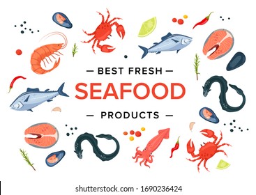 Best fresh seafood products banner. Shrimp, octopus, squid, crab, eel, steak, mussels, fish, cancer. Seafood menu concept cartoon vector illustration. 