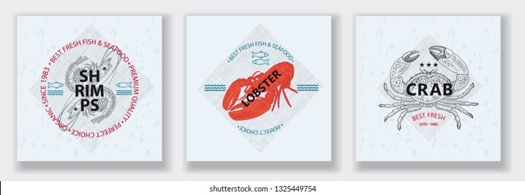 Best fresh seafood Shrimps, Lobster, Crab. Vector illustration emblem or logo template. Vintage design with hand drawn sketch. Line art style.