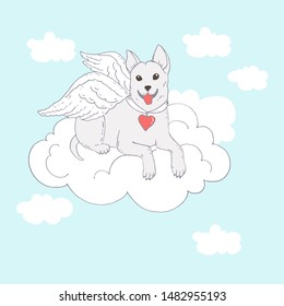 Best Friend Angel. Dog On Clouds With Wings. Pet Loss Theme Vector Hand Drawn Line Illustration