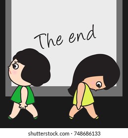 Best Friend Breaking Up And Walking In Different Way With Movie Screen And Word The End On It Background. Concept Of Friendship Ending Card Character illustration