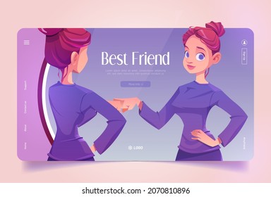 Best friend cartoon landing page. Young woman bump fist with her own reflection in mirror. Girl self love, team, respect and friendship. Positive teenager fistbump gesture, vector web banner