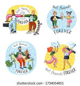 Best friend forever set. Bundle of young man, boys, girl, woman spending time together, skateboarding, share ice cream, caring dog, pillow fighting. Friendship, childhood concept. Vector illustration