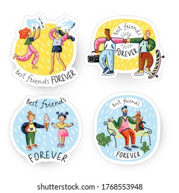 Best friend forever stickers set. Bundle of young man, boys, girl, woman spending time together, skateboarding, share ice cream, caring dog, pillow fighting. Friendship, childhood concept. Vector