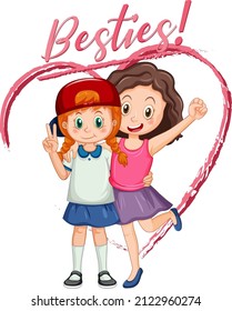 Best friend girls cartoon character with besties lettering illustration