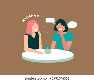 Best friend having conversation and laughing together on the round table, Two female telling stories to each other flat design vector concept