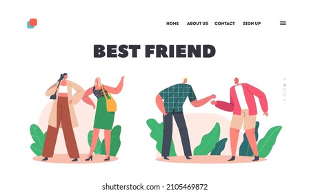 Best Friend Landing Page Template. Men and Women Beating Fists and Elbows. Male Female Characters Agree, Greeting Each Other, Rejoice for Meeting, Goal Achievement. Cartoon People Vector Illustration