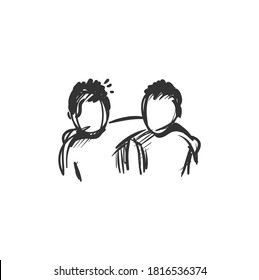 Best Friend Line Icon.Two People Standing Together And Hugging. Outline Drawing. Strong Bond. Deep Human Connection Concept. Isolated Vector Illustration
