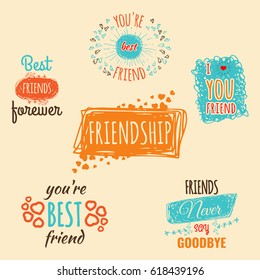 Best friend logos set with text vector labels isolated on pink background. Friendship promotion stickers collection, hand drawn doodles logotypes