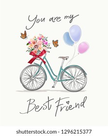 best friend slogan with bicycle and flowers illustration