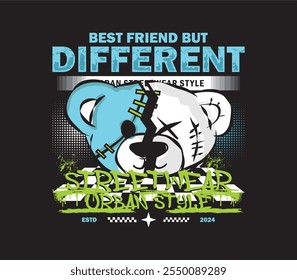 best friend slogan with colorful half bear doll in spray painted Vector illustration design for fashion graphics, streetwear, hoodie, t shirt prints and more