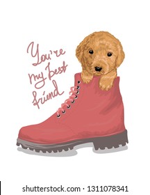 Best friend slogan with puppy in the boot illustration. Perfect for home decor such as posters, wall art, tote bag, t-shirt print, sticker