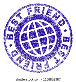 BEST FRIEND stamp print with grunge texture. Blue vector rubber seal print of BEST FRIEND tag with dust texture. Seal has words arranged by circle and globe symbol.