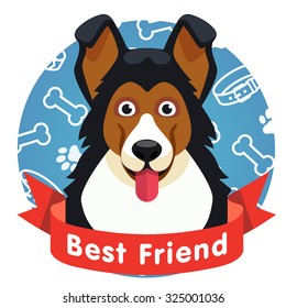 Best friend symbol. Dog pet face with red ribbon. Flat style vector illustration isolated on white background.
