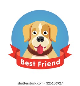 Best friend symbol. Dog pet face with red ribbon. Flat style vector illustration isolated on white background.