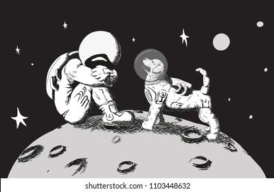 The best friend will help. The dog is an astronaut in a transparent helmet. On a black background.