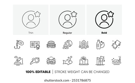 Bester Freund, Siegertasse und Fisch Linie Symbole. Pack von Yoga, Flaggen, Sport-Stadion-Symbol. Pfeife, Bootsangeln, Empower-Piktogramm. Angeln Köder, Sportarena, Fitness Wasser. Boot, Diplom. Vektorgrafik