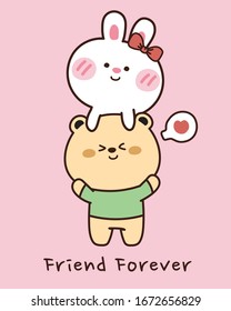 Best friend writing  White rabbit   brown bear  Cute cartoon character design  Doodle baby animals and pink background  Vector  Illustration  Hand drawn