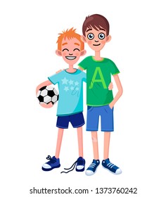 Best friends after the game of football. Two boys stand hugging. Color illustration.