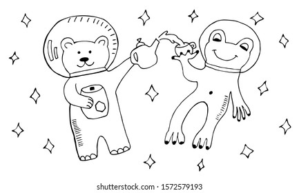 Best friends, animals in space and time to drink tea, bear and frog. Doodle vector illustration.