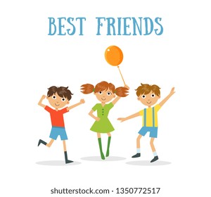 Best Friends Banner, Two Happy Boys and Girl Having Fun Vector Illustration