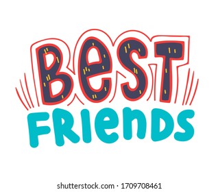 Best Friends Banner with Typography. Bff Concept for Friendship International Day, School Sticker with Doodle Elements Isolated on White Background. Friendship Poster or Badge. Vector Illustration