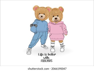 best friends bear together hand drawn