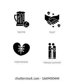 Best friends black glyph icons set on white space. Strong interpersonal bond, friendship silhouette symbols. Pastime, trust, forgiveness and friends support. Vector isolated illustration