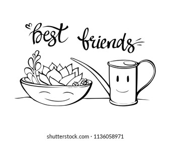 Best friends botany illustration for coloring book. Cartoon succulent in a pot with a watering can isolated on white background. Hand drawn friendship phrase. Line art design for kids coloring page.